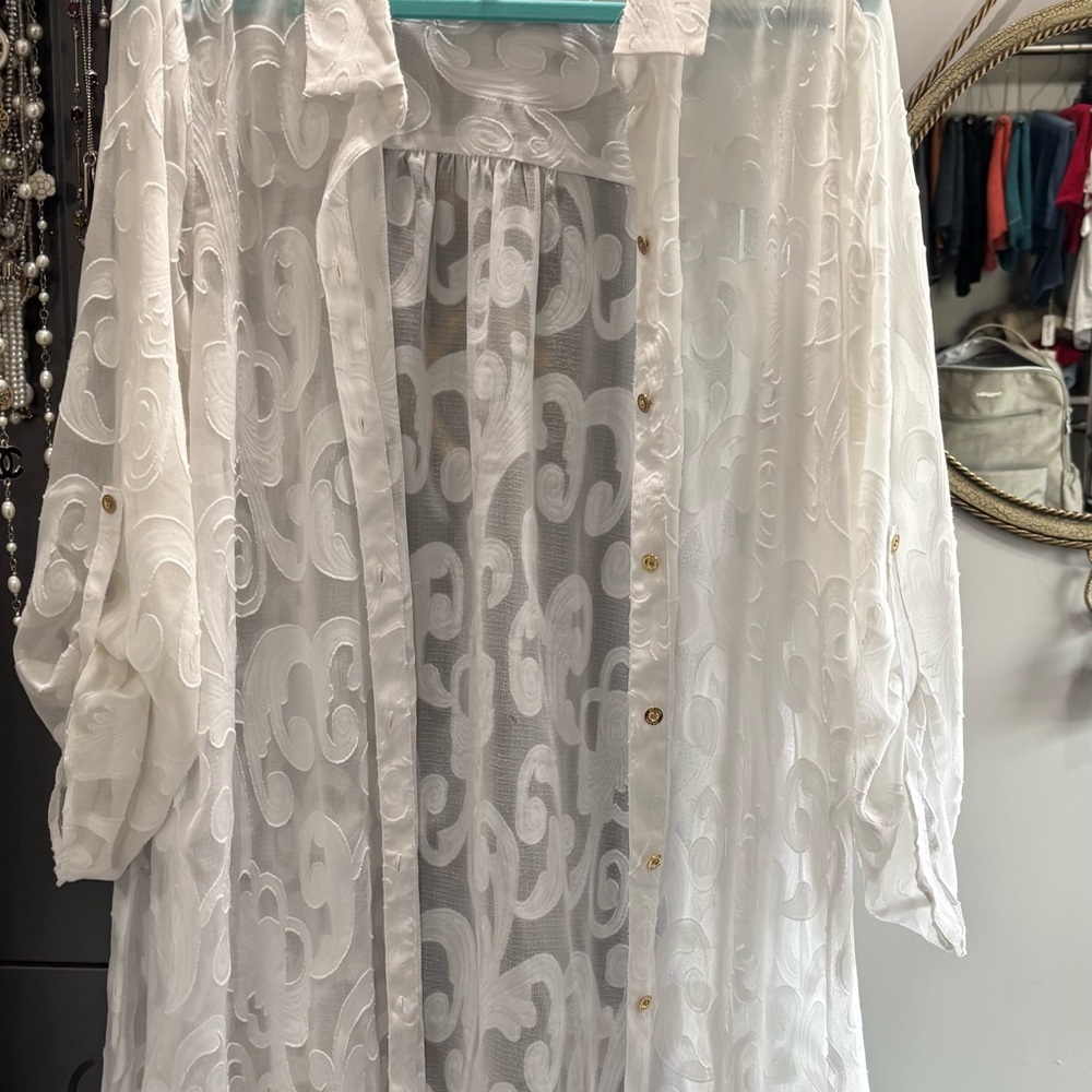 Stylish Sheer White Blouse with Swirl Design